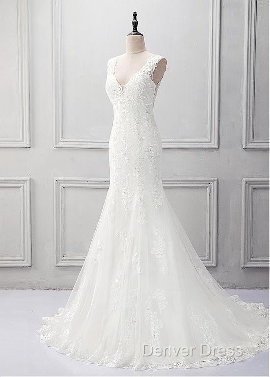 Elegant Tulle V-Neck Neckline Mermaid Wedding Dresses With Beaded Lace Appliques Secondary image