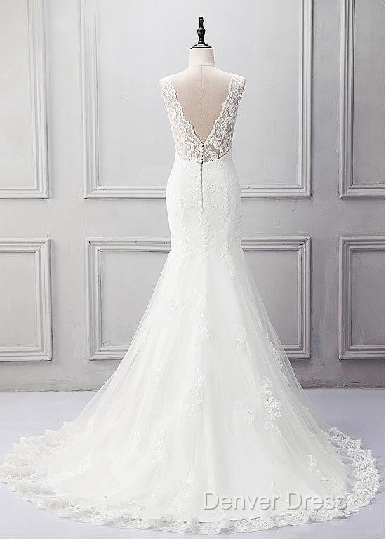 Elegant Tulle V-Neck Neckline Mermaid Wedding Dresses With Beaded Lace Appliques