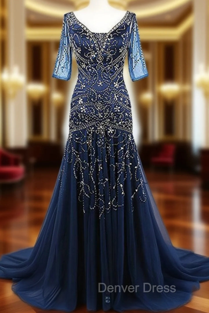 Elegant V Neck Beadings 1 2 Sleeves Mother Of The Bride Dresses