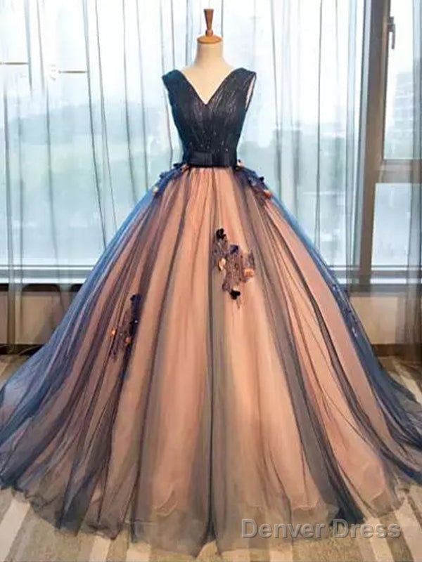 Elegant V-Neck Black Tulle Applique Prom Dress, Main image