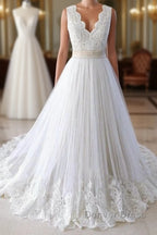 Elegant V Neck Lace Tulle A Line Wedding Dresses