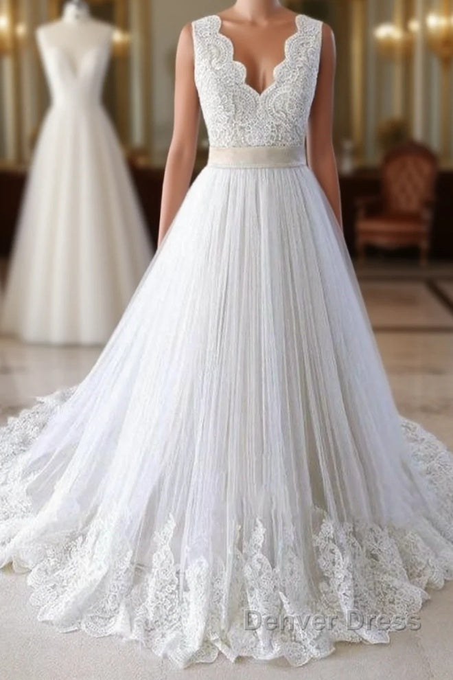 Elegant V Neck Lace Tulle A Line Wedding Dresses