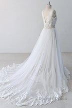 Elegant V-neck Lace Tulle A-line Wedding Dresses