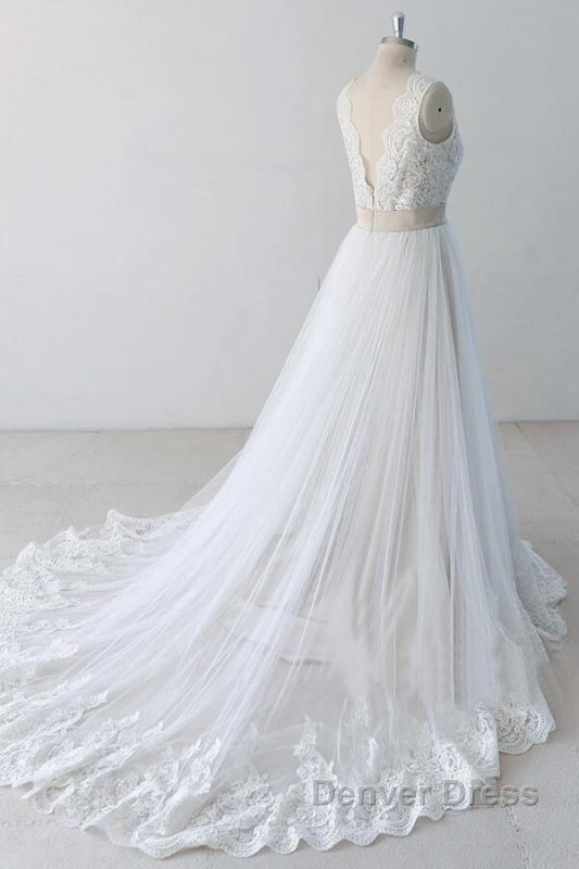 Elegant V-neck Lace Tulle A-line Wedding Dresses