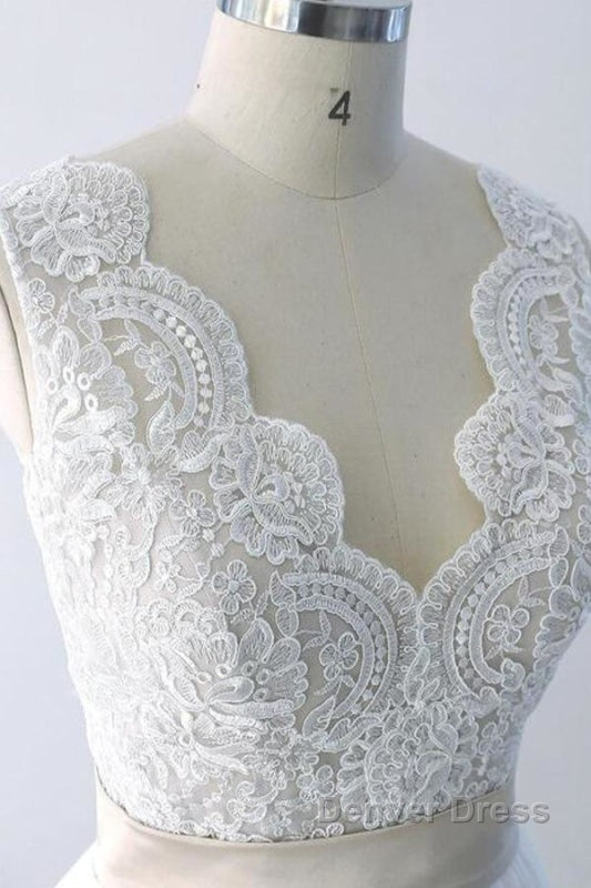 Elegant V Neck Lace Tulle A Line Wedding Dresses