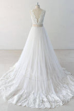 Elegant V Neck Lace Tulle A Line Wedding Dresses