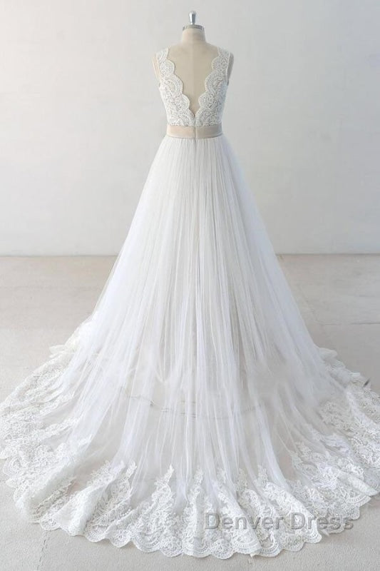Elegant V Neck Lace Tulle A Line Wedding Dresses