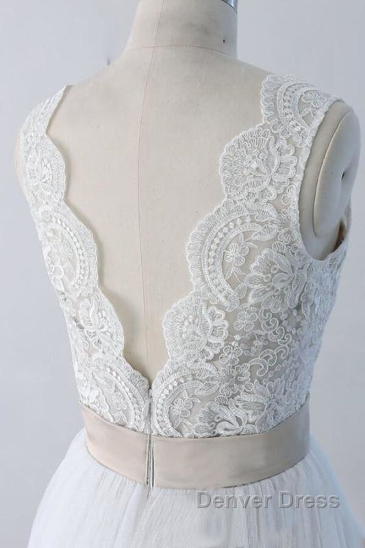 Elegant V Neck Lace Tulle A Line Wedding Dresses
