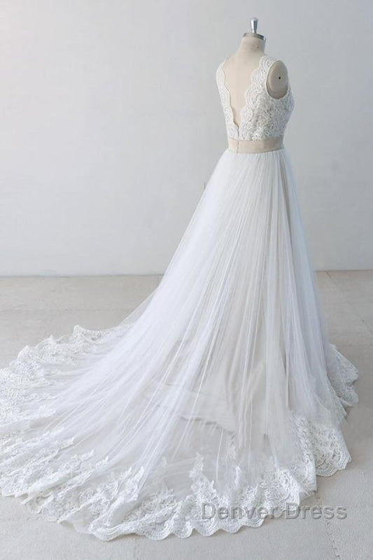 Elegant V Neck Lace Tulle A Line Wedding Dresses