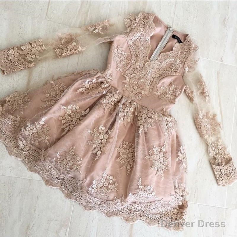 Elegant V Neck Long Sleeves Homecoming Dresses Lace Short Cocktail Dress