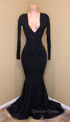 Elegant V Neck Long Sleevess Appliques Sequins Mermaid Zipper Prom Dresses