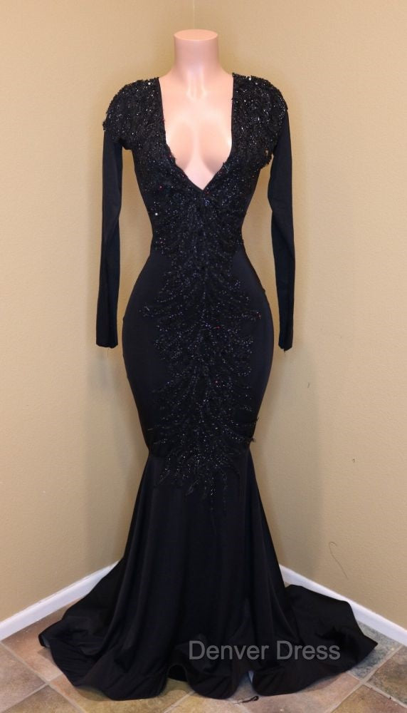 Elegant V Neck Long Sleevess Appliques Sequins Mermaid Zipper Prom Dresses