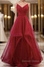 Elegant V Neck Open Back Sequins Burgundy Long Prom Dress, Shiny Burgundy Prom Dress, Fluffy Burgundy Prom Dresses