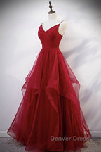 Elegant V Neck Open Back Sequins Burgundy Long Prom Dress, Shiny Burgundy Prom Dress, Fluffy Burgundy Prom Dresses