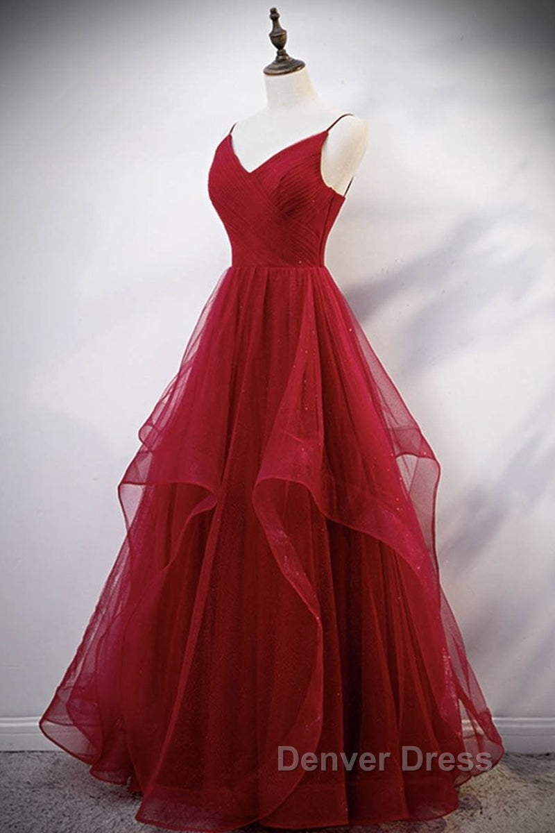 Elegant V Neck Open Back Sequins Burgundy Long Prom Dress, Shiny Burgundy Prom Dress, Fluffy Burgundy Prom Dresses