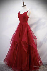 Elegant V Neck Open Back Sequins Burgundy Long Prom Dress, Shiny Burgundy Formal Dress, Fluffy Burgundy Evening Dress