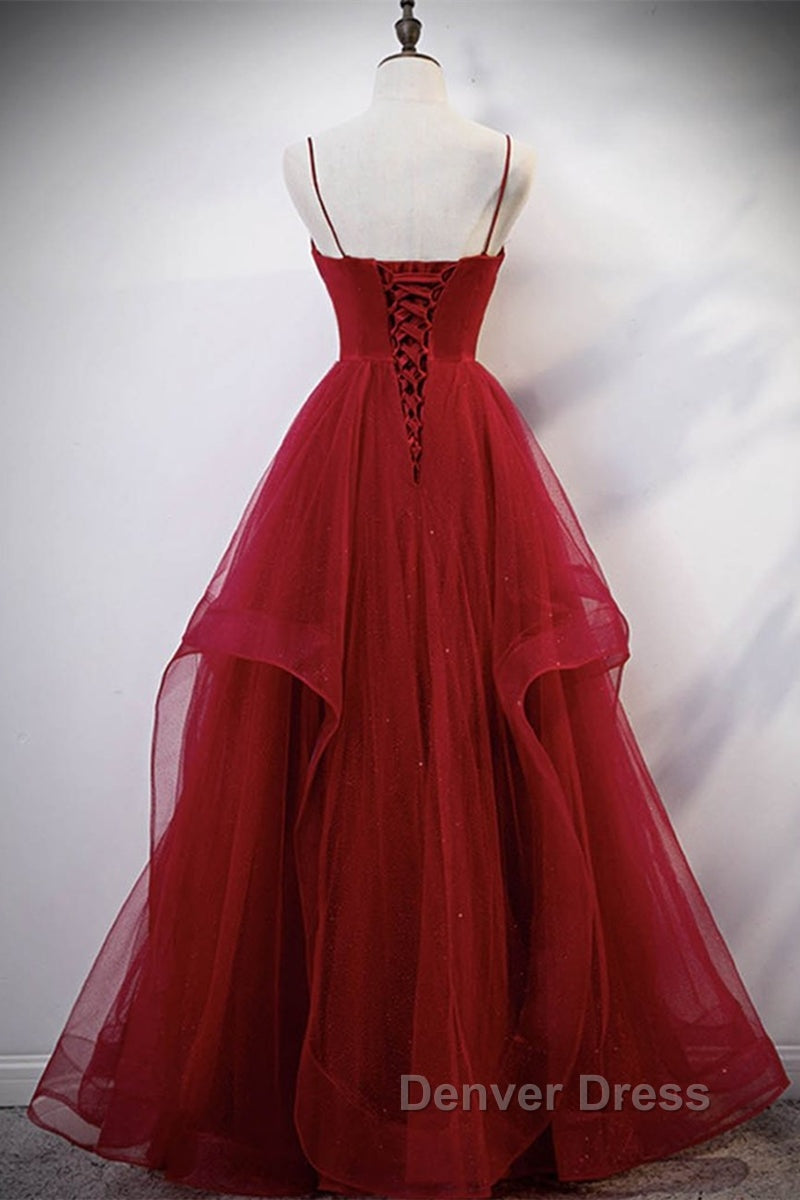Elegant V Neck Open Back Sequins Burgundy Long Prom Dress, Shiny Burgundy Prom Dress, Fluffy Burgundy Prom Dresses