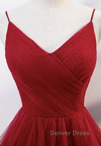 Elegant V Neck Open Back Sequins Burgundy Long Prom Dress, Shiny Burgundy Prom Dress, Fluffy Burgundy Prom Dresses