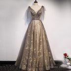 Elegant V Neck Organza Grey Lace A Line Spaghetti Straps Lace up Back Long Prom Dresses