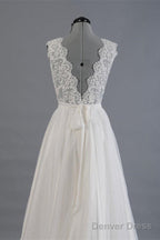 Elegant V-Neck Sweep Train White Open Back Lace Wedding Dress