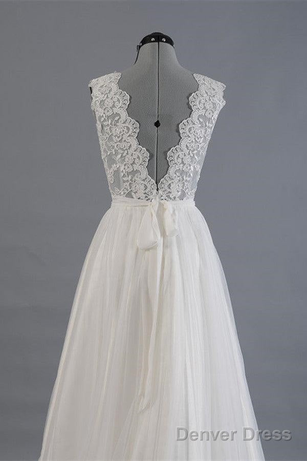 Elegant V-Neck Sweep Train White Open Back Lace Wedding Dress