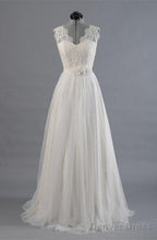 Elegant V-Neck Sweep Train White Open Back Lace Wedding Dress