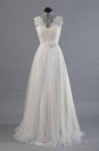 Elegant V Neck Sweep Train White Open Back Lace Wedding Dresses