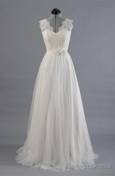 Elegant V Neck Sweep Train White Open Back Lace Wedding Dresses