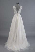 Elegant V-Neck Sweep Train White Open Back Lace Wedding Dress