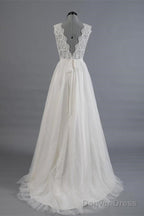 Elegant V Neck Sweep Train White Open Back Lace Wedding Dresses