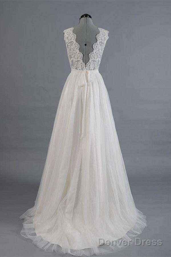 Elegant V Neck Sweep Train White Open Back Lace Wedding Dresses