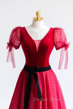 Elegant V Neck Tulle and Velvet Long Prom Dress, Burgundy A Line Prom Dresses
