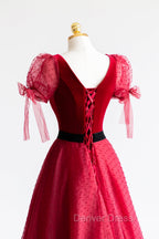 Elegant V Neck Tulle and Velvet Long Prom Dress, Burgundy A Line Prom Dresses
