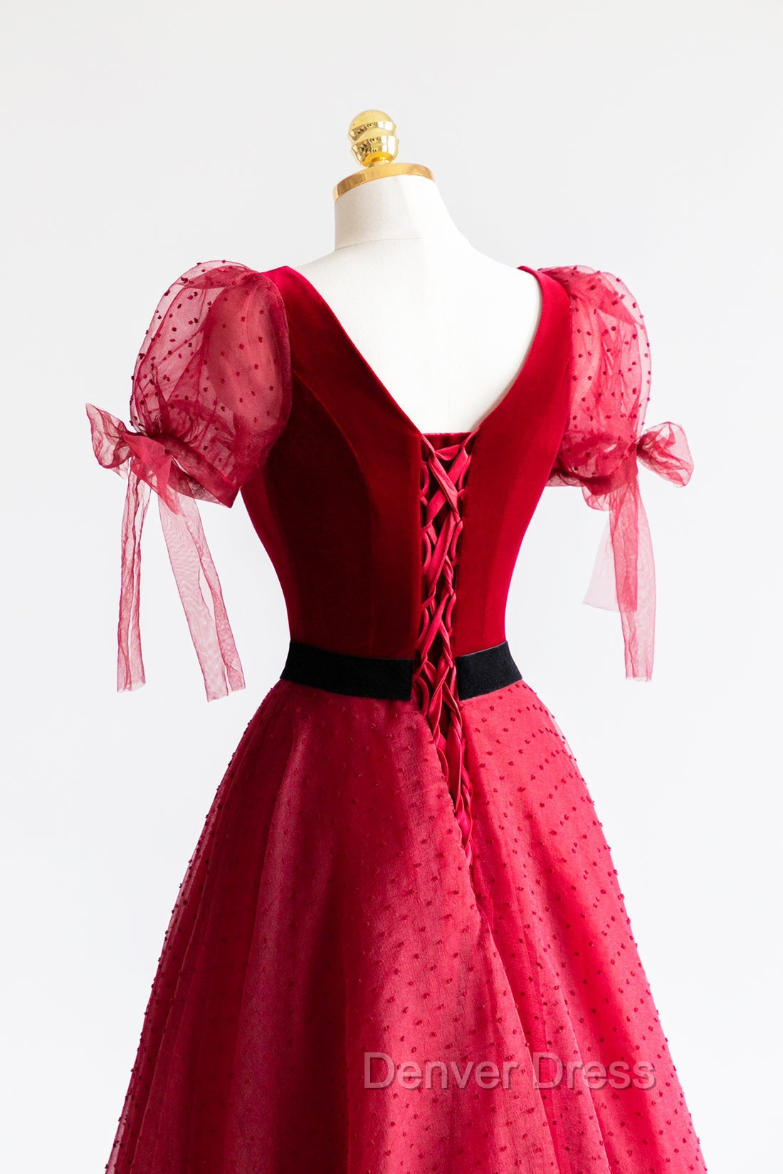 Elegant V Neck Tulle and Velvet Long Prom Dress, Burgundy A Line Prom Dresses