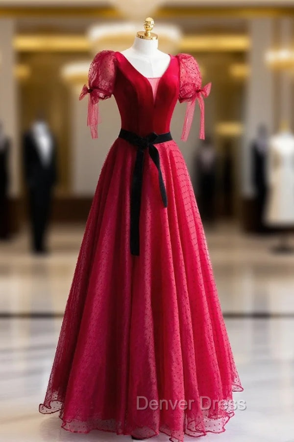 Elegant V Neck Tulle and Velvet Long Prom Dress, Burgundy A Line Prom Dresses