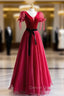 Elegant V Neck Tulle and Velvet Long Prom Dress, Burgundy A Line Prom Dresses