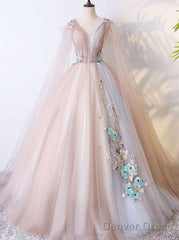 Elegant V-Neckline Champagne Tulle V-Neckline Prom Dress, Party Dress
