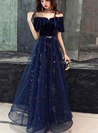 Elegant Velvet Bodice Tulle Long Prom Dress, Navy Blue Prom Dresses