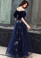 Elegant Velvet Bodice Tulle Long Prom Dress, Navy Blue Prom Dresses