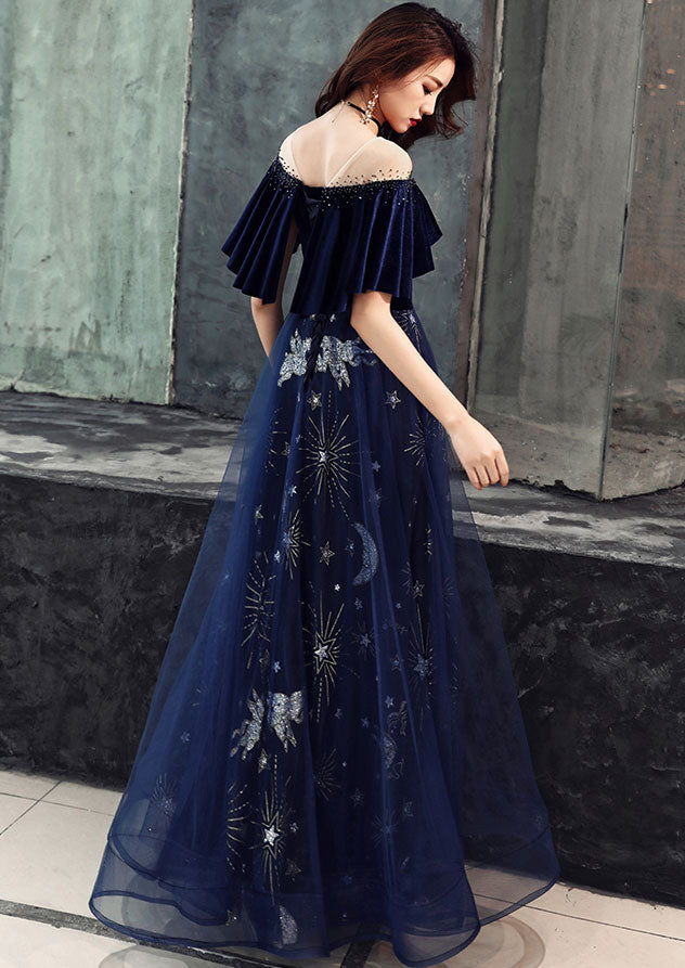 Elegant Velvet Bodice Tulle Long Prom Dress, Navy Blue Prom Dresses