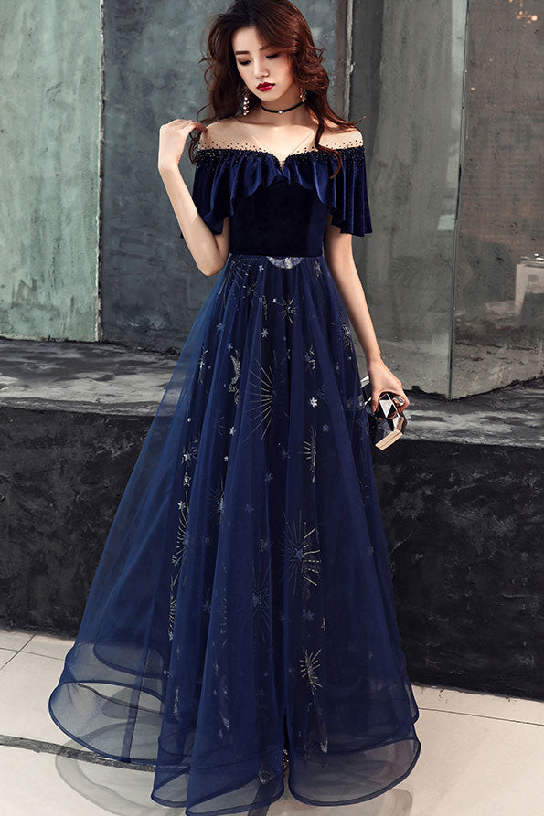 Elegant Velvet Bodice Tulle Long Prom Dress, Navy Blue Prom Dresses Main image
