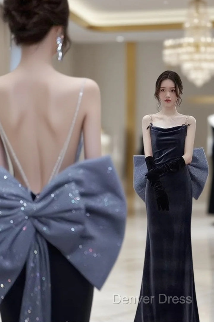 Elegant Velvet Spaghetti Straps Backless Sheath Long Prom Dress With Bowknot, Main image