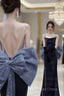 Elegant Velvet Spaghetti Straps Backless Sheath Long Prom Dress With Bowknot,