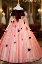 Elegant Velvet Tulle Long Formal Dresses, Burgundy Off the Shoulder Sweet Flower Party Dresses