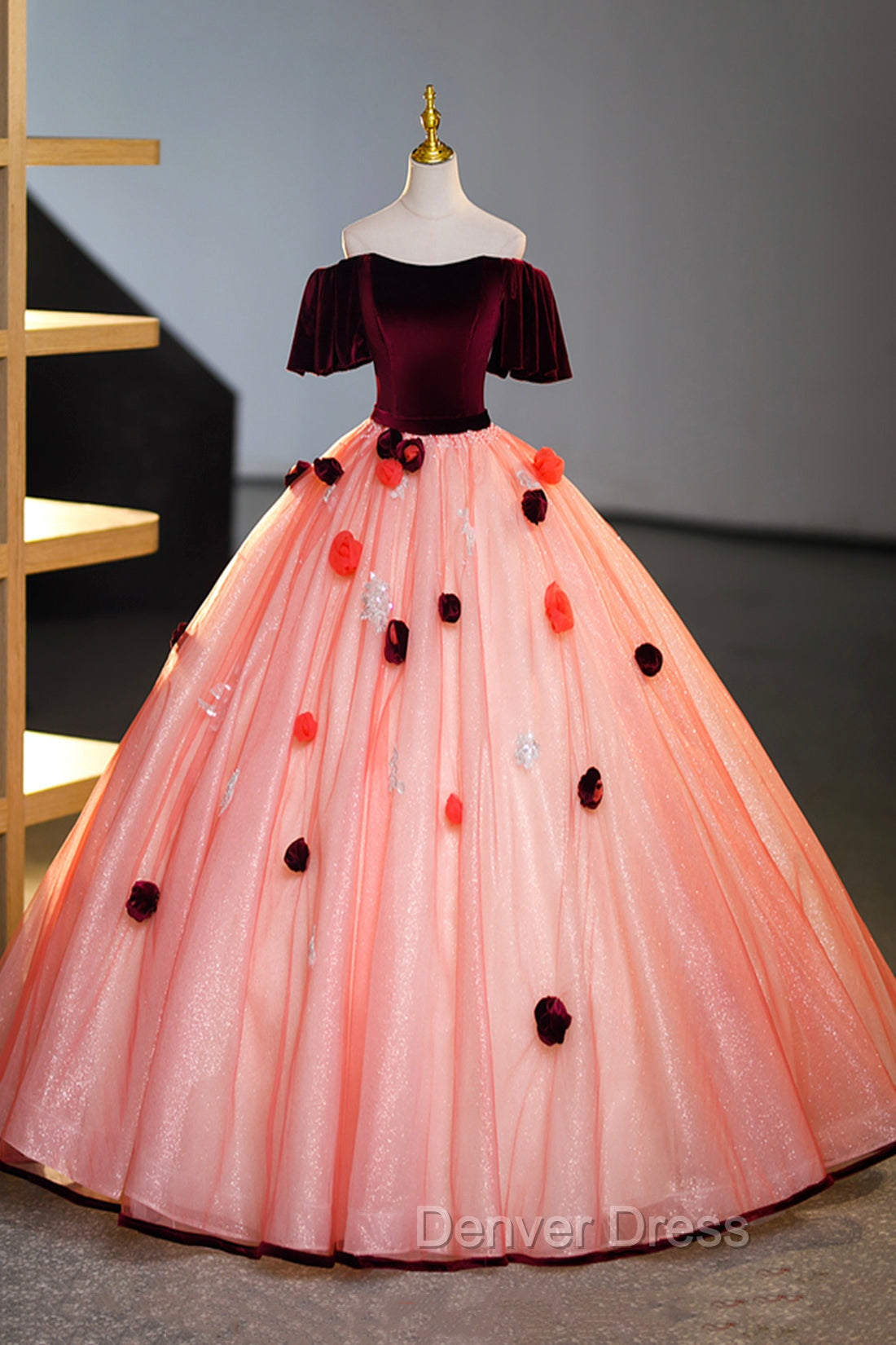 Elegant Velvet Tulle Long Formal Dresses, Burgundy Off the Shoulder Sweet Flower Party Dresses Main image
