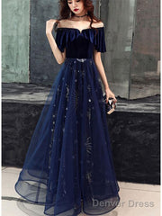 Elegant Velvet Tulle Long Formal Navy Blue Prom Dress,