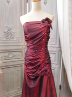 Elegant Vintage Burgundy Strapless Ruched Satin Long Prom Dresses Evening Dresses
