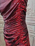 Elegant Vintage Burgundy Strapless Ruched Satin Long Prom Dresses Evening Dresses