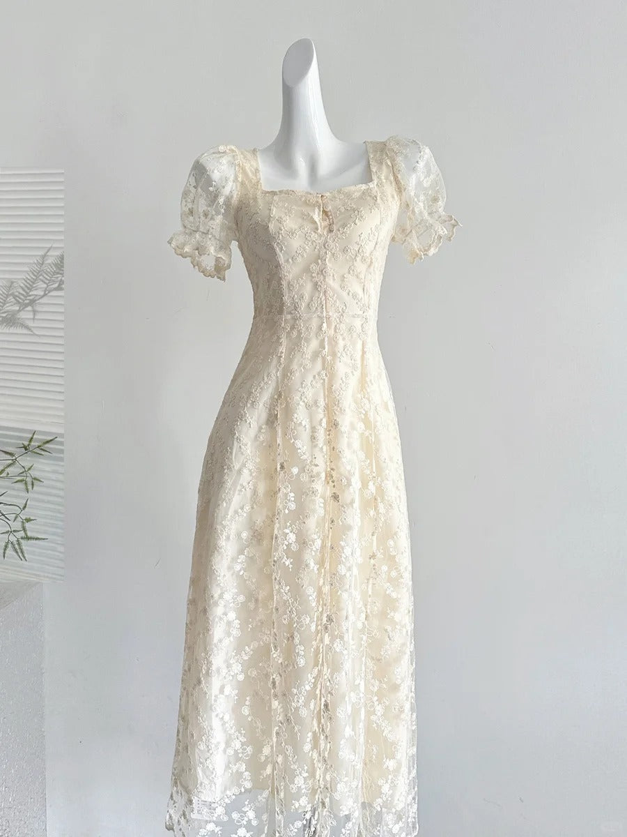 Elegant Vintage Ivory A-Line Square Neck Short Sleeve Lace Waist Long Prom Dresses Evening Dresses Main image