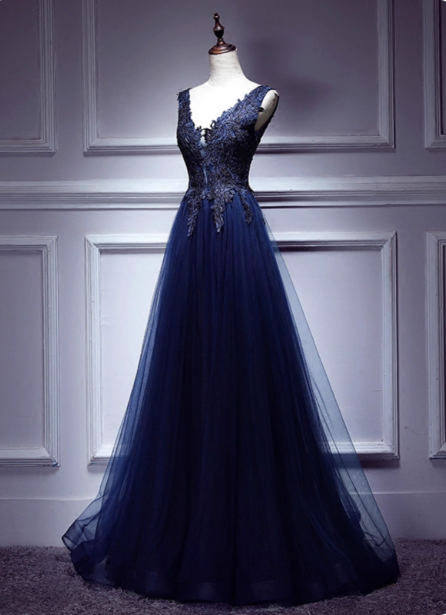 Elegant Vintage Navy Blue V-Neck Lace Embroidery Tulle Long Prom Dresses Evening Dresses